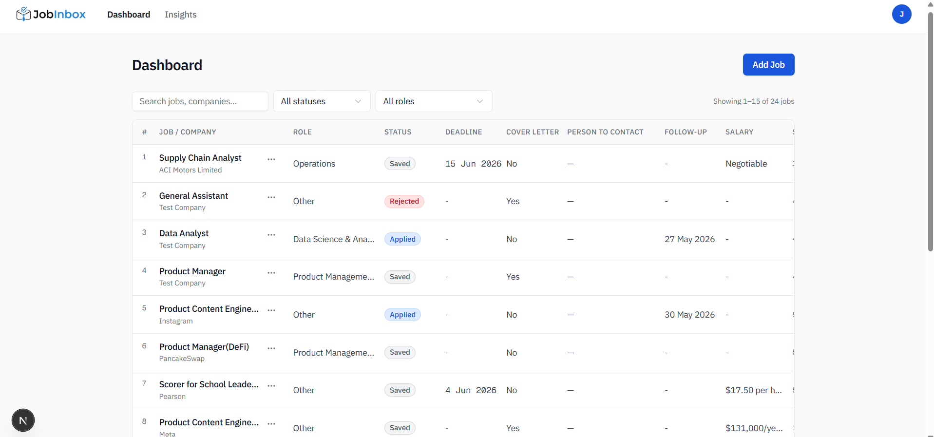 JobInbox dashboard — every application tracked